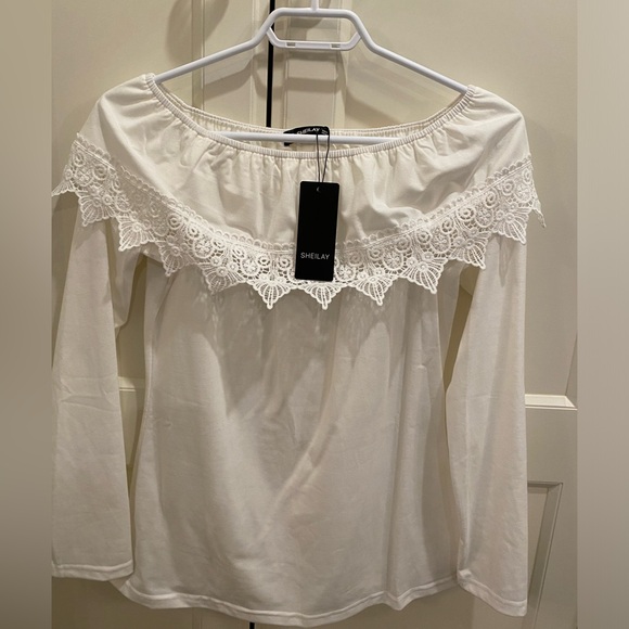 NWT SHEILAY SIZE MEDIUM WHITE OFF THE SHOULDER LONG SLEEVE TOP - Picture 7 of 8